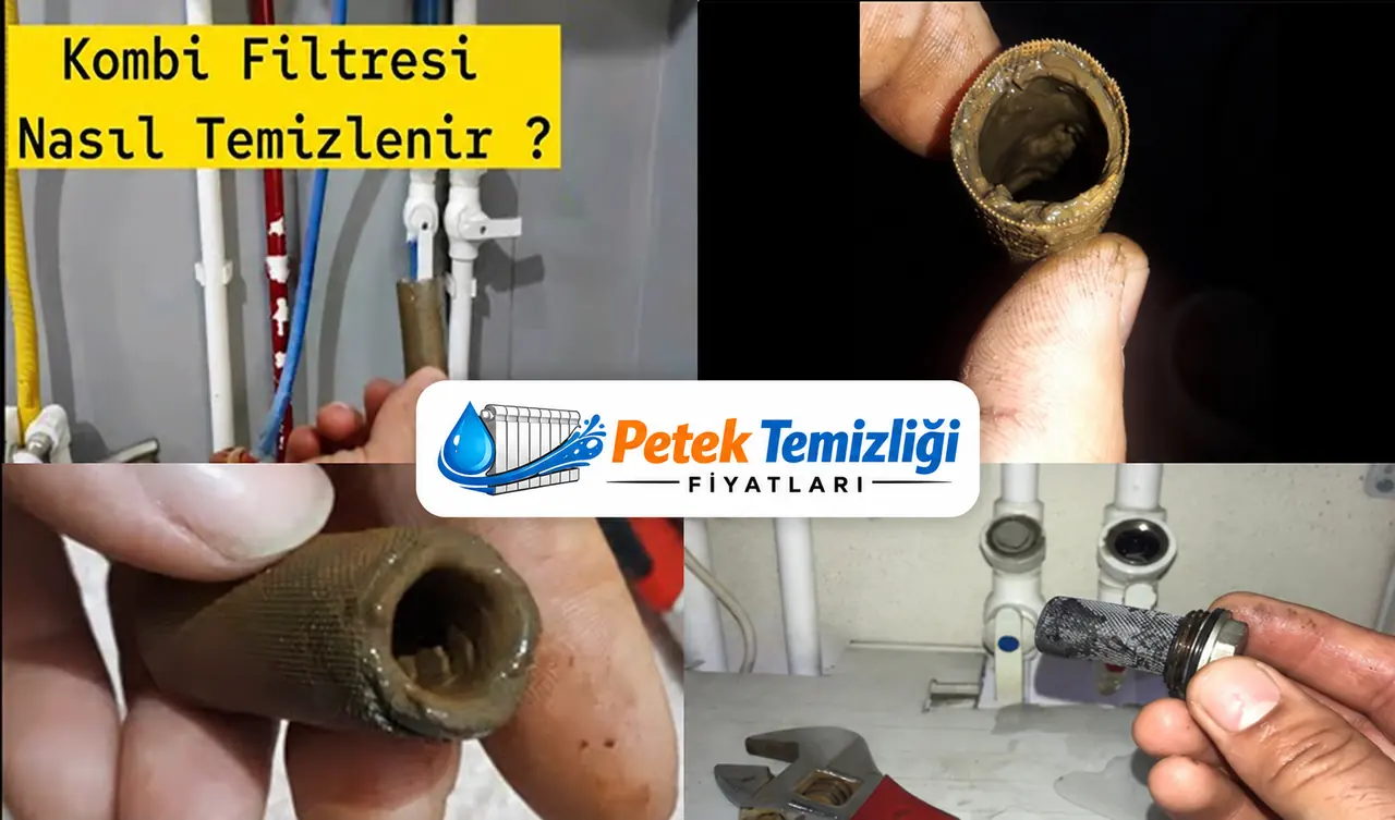 Kombi petek temizleme sırasında kontrol edilen kirli ve temizlenmiş tesisat filtresi